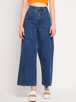 Madame - Navy Blue Wide Leg High Rise Jeans With Stitch Detailing