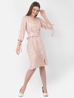 CRIMSOUNE CLUB - Women Pink Floral Printed V-Neck Dress with Belt (Set of 2)