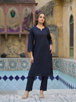 Divena - Navy Blue Cotton Straight Fit Lace Border Kurta & Pant (Set of 2)