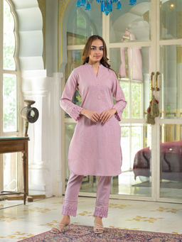 Divena - Pink Solid Cotton Straight Fit Lace Border Kurta & Pant (Set of 2)