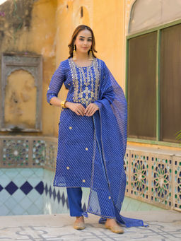 Divena - Blue Leheriya Kota Doria Kurta Pant & Dupatta (Set of 3)