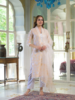 Divena - Peach Block Print Cotton Straight Kurta Pant & Dupatta (Set of 3)