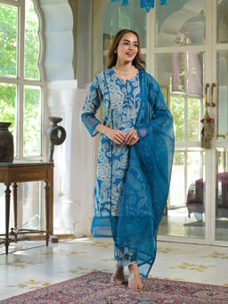 Divena - Blue Rayon Floral Printed Kurta Pant & Dupatta (Set of 3)