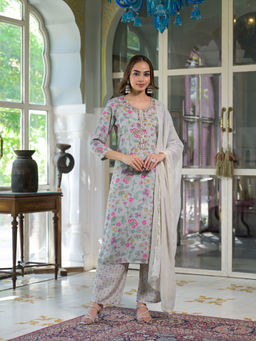 Divena - Light Grey Floral Print Muslin Kurta Pant & Dupatta (Set of 3)