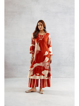 Nehamta - Women Rust German Rayon Kurta & Palazzo (Set of 2)