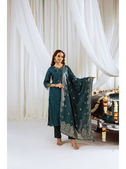 Nehamta - Women Rama Green Dola Silk Kurta Pant & Dupatta (Set of 3)