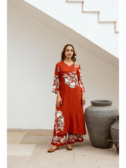 Nehamta - Women Rust German Rayon Kurta & Palazzo (Set of 2)
