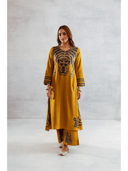 Nehamta - Women Mustard Yellow German Rayon Kurta & Palazzo (Set of 2)