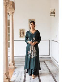 Nehamta - Women Teal German Rayon Kurta & Palazzo (Set of 2)