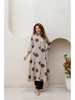 Nehamta - Women Beige Black German Rayon Kurta & Pant (Set of 2)