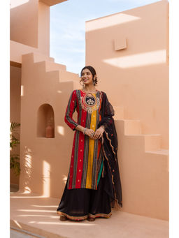 Nehamta - Women Multi-Color German Rayon Kurta Divider Palazzo & Dupatta (Set of 3)