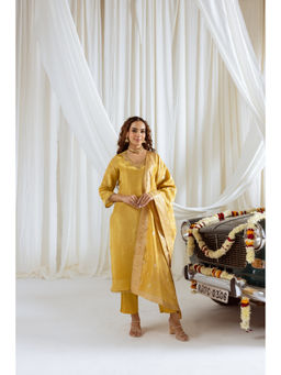 Nehamta - Women Yellow Shimmer Kurta Pant & Dupatta (Set of 3)