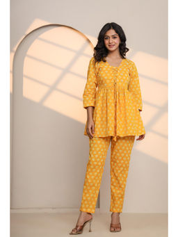 Ragavi - Yellow Cream Cotton Hand Block Printed Co-Ord (Set of 2)