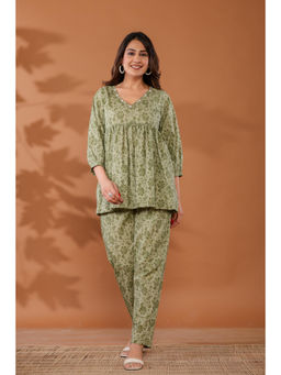 Ragavi - Meadow Green Cotton Hand Block Printed Co-Ord (Set of 2)