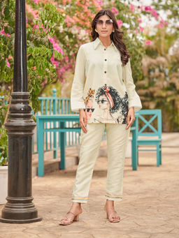 Varanga - Women Off White Modern Printed Apple Hem Shirt & Pant (Set of 2)