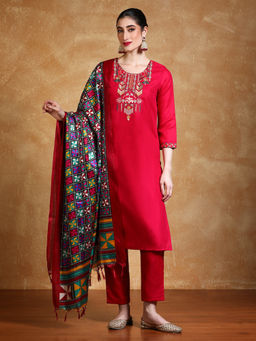 Varanga - Women Red Floral Yoke Design Regular Embroidered Kurta Pant & Dupatta (Set of 3)