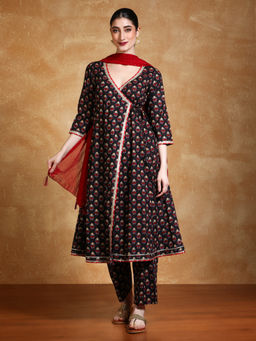Varanga - Women Black V-Neck Floral Printed Angarkha Kurta Pant & Dupatta (Set of 3)