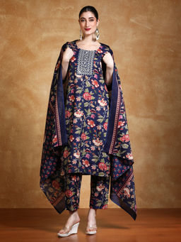 Varanga - Floral Navy Blue Printed Thread Work Straight Kurta Pant & Dupatta (Set of 3)