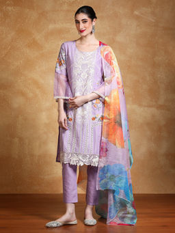 Varanga - Women Lavender Floral Embroidered Cotton Kurta Pant & Dupatta (Set of 3)