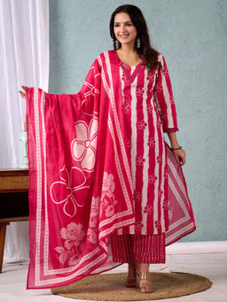 Varanga - Pink Stripper with Floral Printed Kurta Pant & Dupatta (Set of 3)