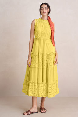 Femmella - Yellow Schiffli Tier Midi Dress