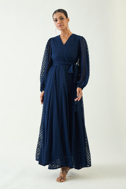 Femmella - Navy Self Design Wrap Maxi Dress