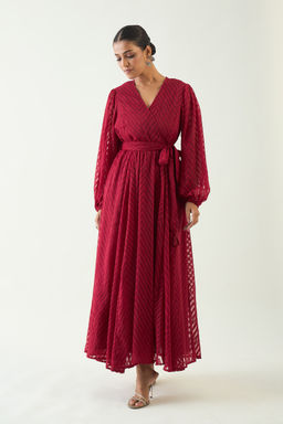 Femmella - Deep Red Self Design Wrap Maxi Dress