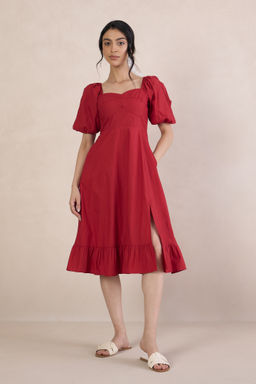 Femmella - Red Solid Slit Midi Dress