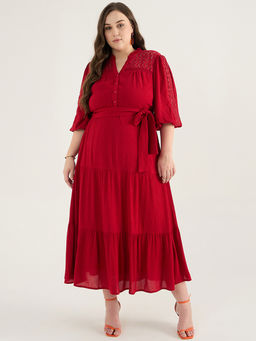 Femmella - Red Schiffli Tiered Maxi Dress with Belt (Set of 2)