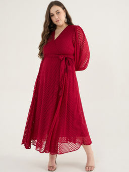 Femmella - Deep Red Self Design Wrap Maxi Dress