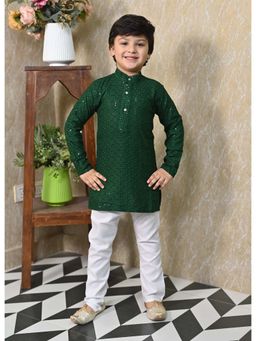 BT DEZINES - Boys Green Chikankari Embroidered Sequined Kurta and Pyjama (Set of 2)
