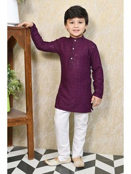 BT DEZINES - Boys Wine Chikankari Embroidered Sequined Kurta and Pyjama (Set of 2)