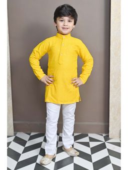 BT DEZINES - Boys Yellow Chikankari Embroidered Sequined Kurta and Pyjama (Set of 2)