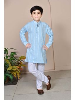 BT DEZINES - Boys Sky Blue Linen Embroidered Striped Kurta and Pyjama (Set of 2)