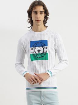 United Colors of Benetton - Men White Regular Fit Crew Neck Textured Cable Emblem Sweater