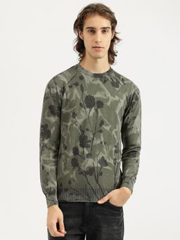 United Colors of Benetton - Men Olive Regular Fit Crew Neck Floral Printed Sweater