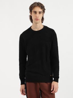 United Colors of Benetton - Men Black Regular Fit Crew Neck Woven Tonal Jacquard Sweater
