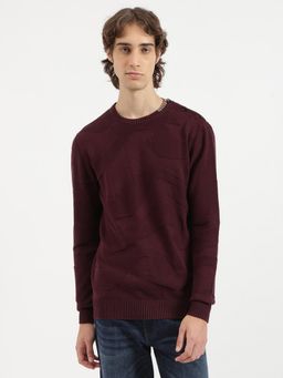 United Colors of Benetton - Men Wine Regular Fit Crew Neck Woven Tonal Jacquard Sweater