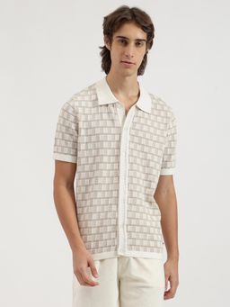 United Colors of Benetton - Men Beige and White Relaxed Fit Jacquard Cardigan