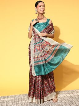 Odette - Manipuri Silk Brown Printed Designer Saree with Unstitched Blouse