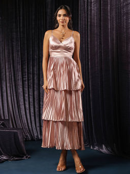 B'Infinite - Pink Classic Metallic Pleated Tiered Maxi Dress