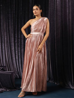 B'Infinite - Pink Classic Metallic Pleated One-Shoulder Maxi Dress