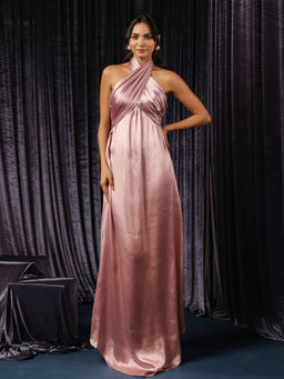 B'Infinite - Rose Pink Halter-Neck Asymmetrical Evening Gown