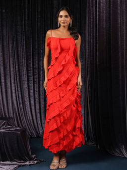 B'Infinite - Red Vermilion Veil Shoulder Straps Ruffled Maxi Dress