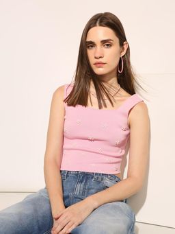 ONLY - Women Slim Fit Square Neck Embellished Top