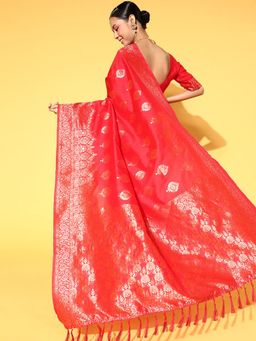 Odette - Silk Blend Red Woven Designer Saree with Unstitched Blouse