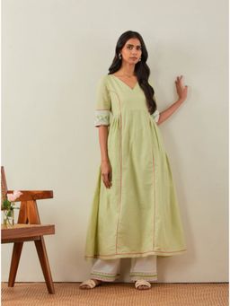 The Indian Cause - Green Plain Markab Anarkali Kurta with Chikankari Border