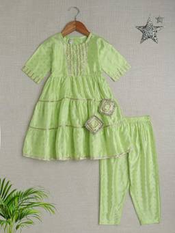 The Magic Wand - Lace Embellished Floral Motif Foil Anarkali & Pant - Green (Set of 2)