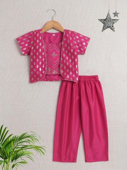 The Magic Wand - Elbow Sleeves Floral Printed Top and Jacket with Pant - Peach (Set of 3)