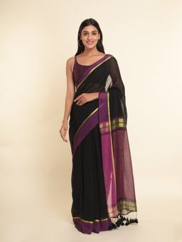 Suta - Black Solid Cotton Blend Saree